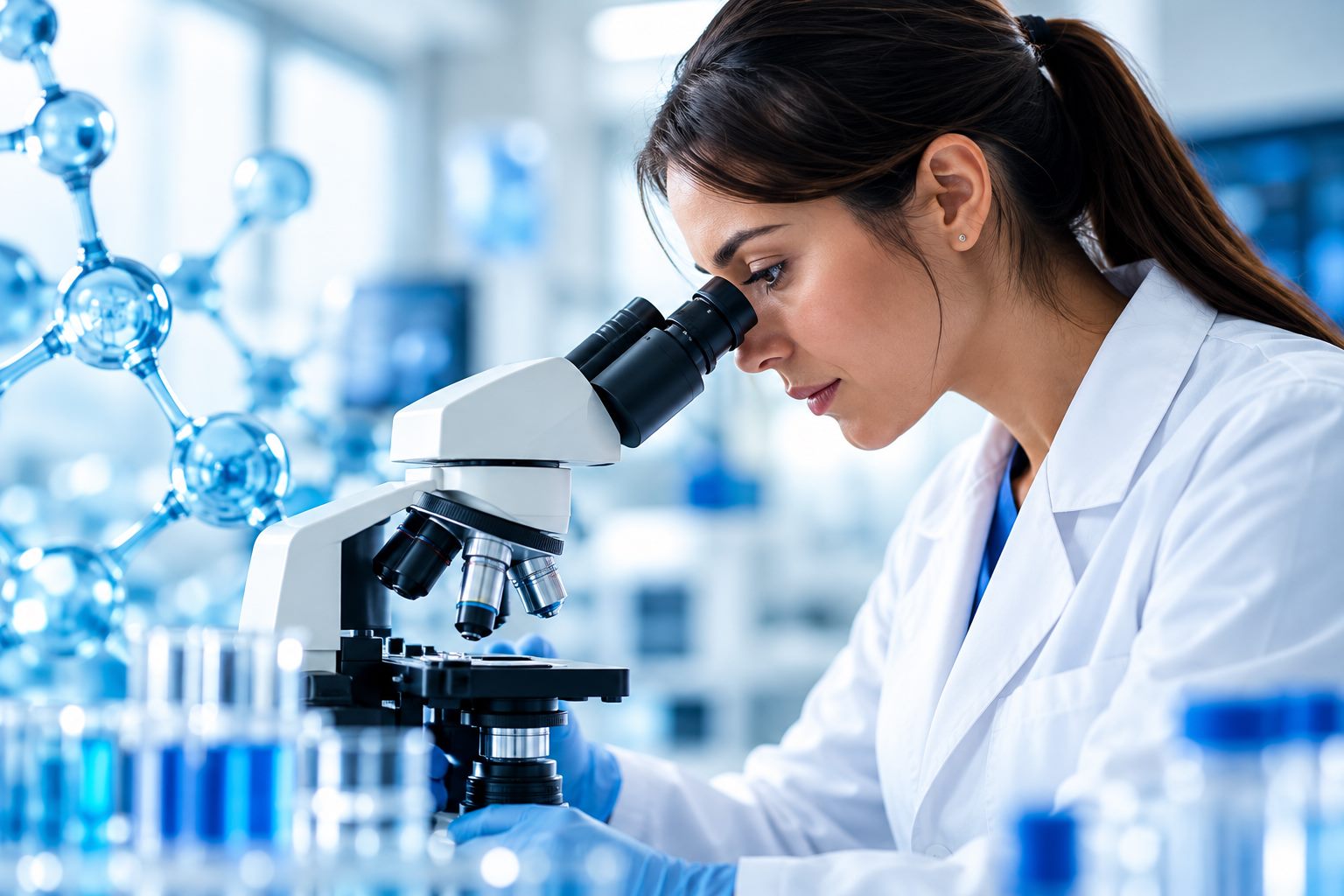 Scientist examining a sample under a microscope in a laboratory