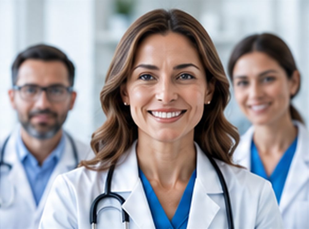Smiling doctor with a stethoscope in front of two medical colleagues