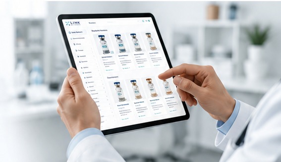 Practitioner browsing the Link Bio Meds peptide catalogue on a tablet