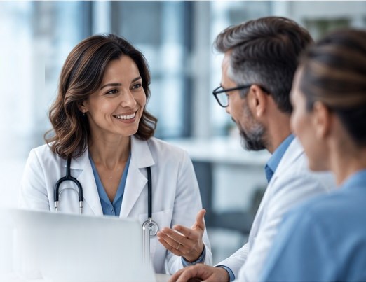 Three healthcare professionals in conversation around a laptop