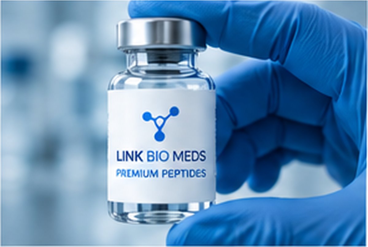 Gloved hand holding a Link Bio Meds peptide vial